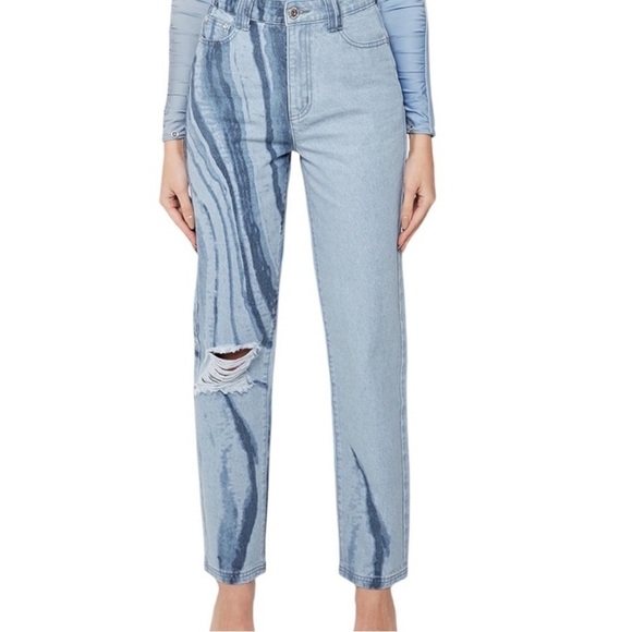 Maniere De Voir Denim - Maniere De Voir Marble Print Mom Jeans Size 8 High Waisted Distressed Denim Jean